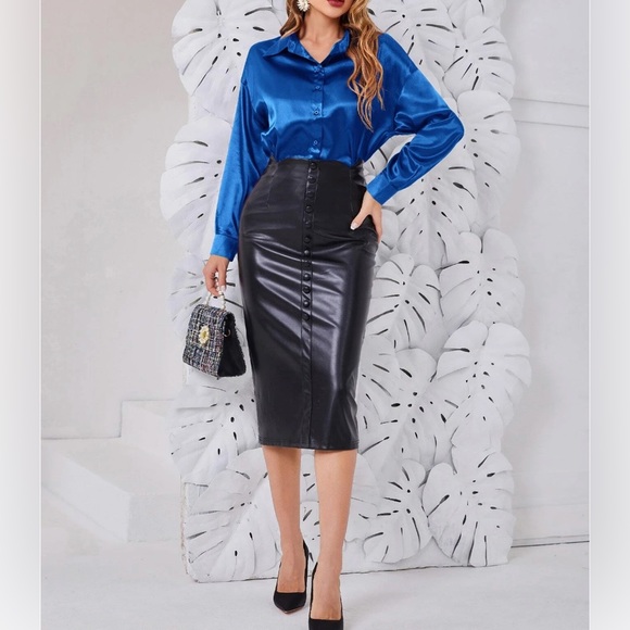 Button Front Drop Shoulder Satin Blouse Blue - Picture 3 of 9